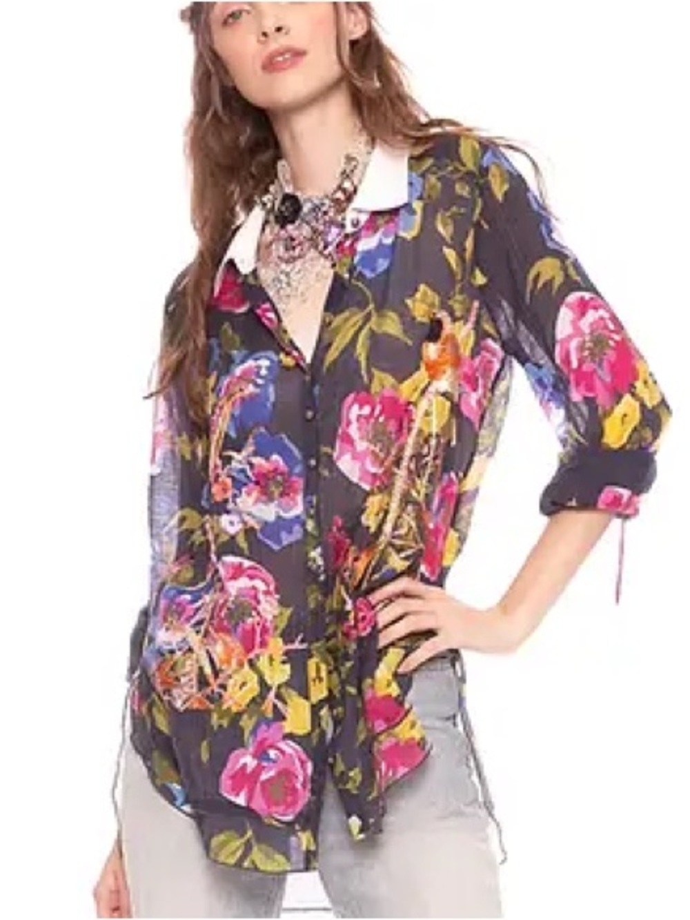 🌸 Aratta Floral Bird Embroidered Hi-Low Shirt NWT Small